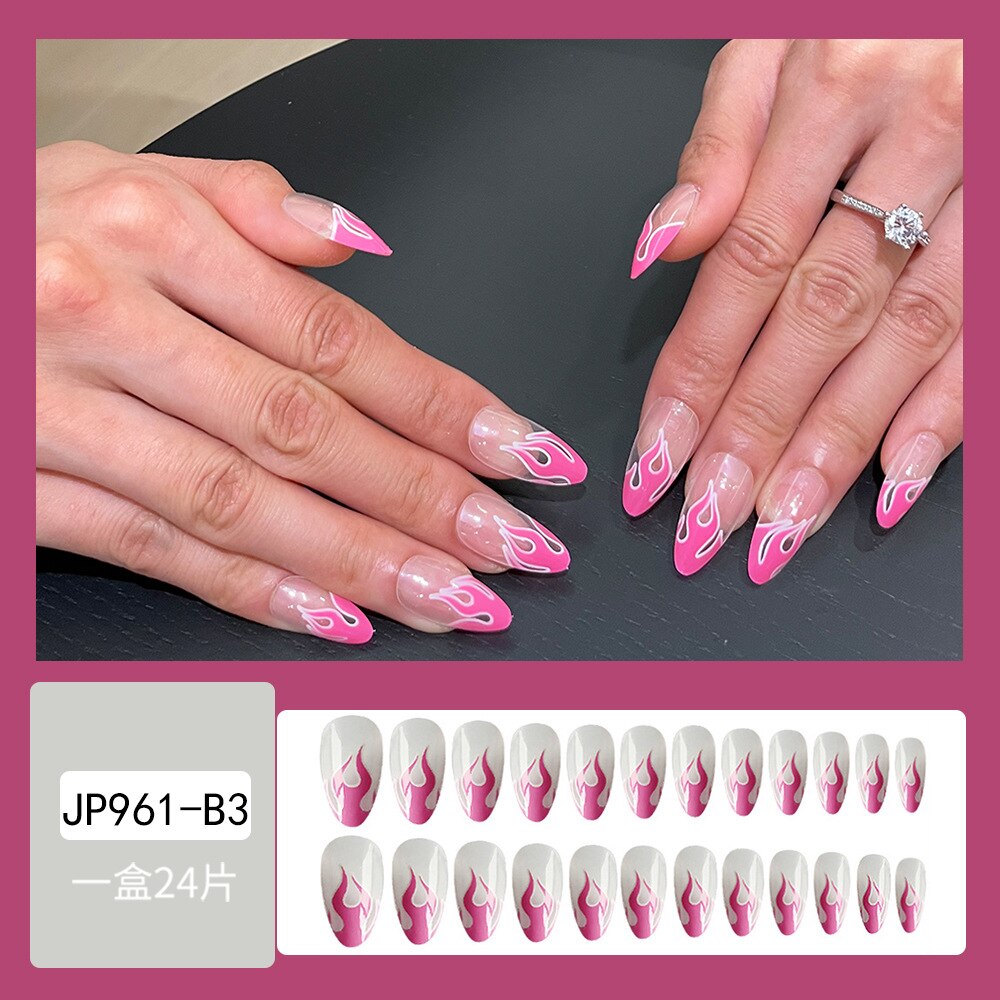24pcs wearable pink flame press on nails full cover ballet Artificial nails short almond False nails with glue full cover