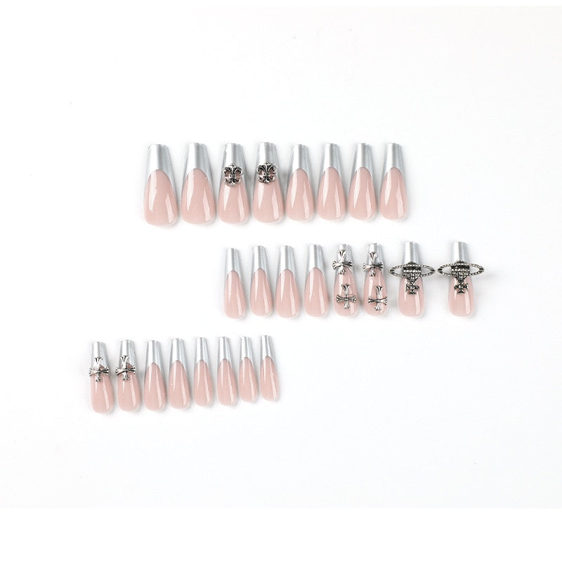Silver French Tip Press on Nails XXL Reusable Stick on Nails Set Press on