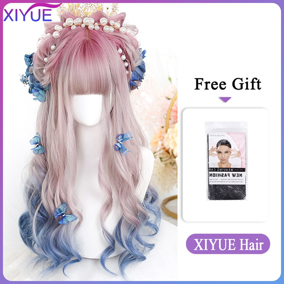 Blue Pink Lolita Wigs Ombre Long Water Wave Cosplay Wigs Synthetic Hair Wigs Heat Resistant For Women
