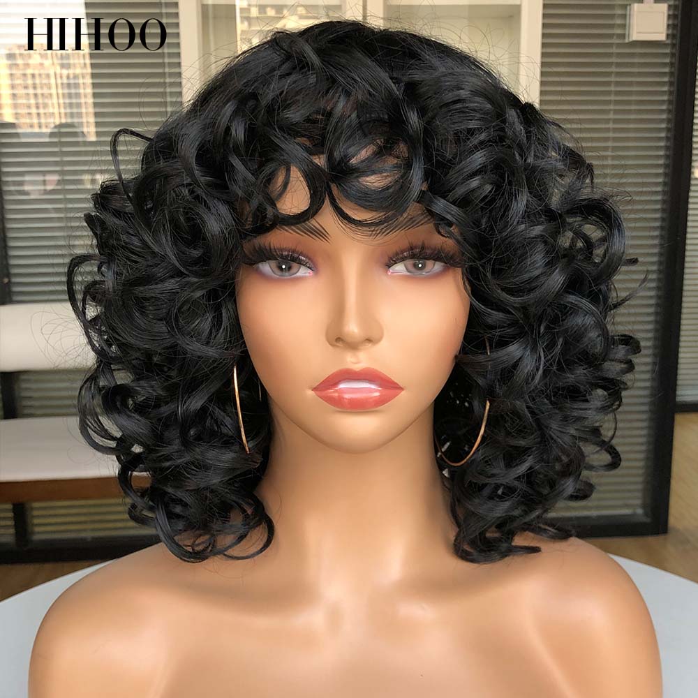 Short Hair Afro Curly Wig With Bangs For Black Women Cosplay Fluffy Glueless Mixed Brown Blonde Wigs Natural High Temperat Red
