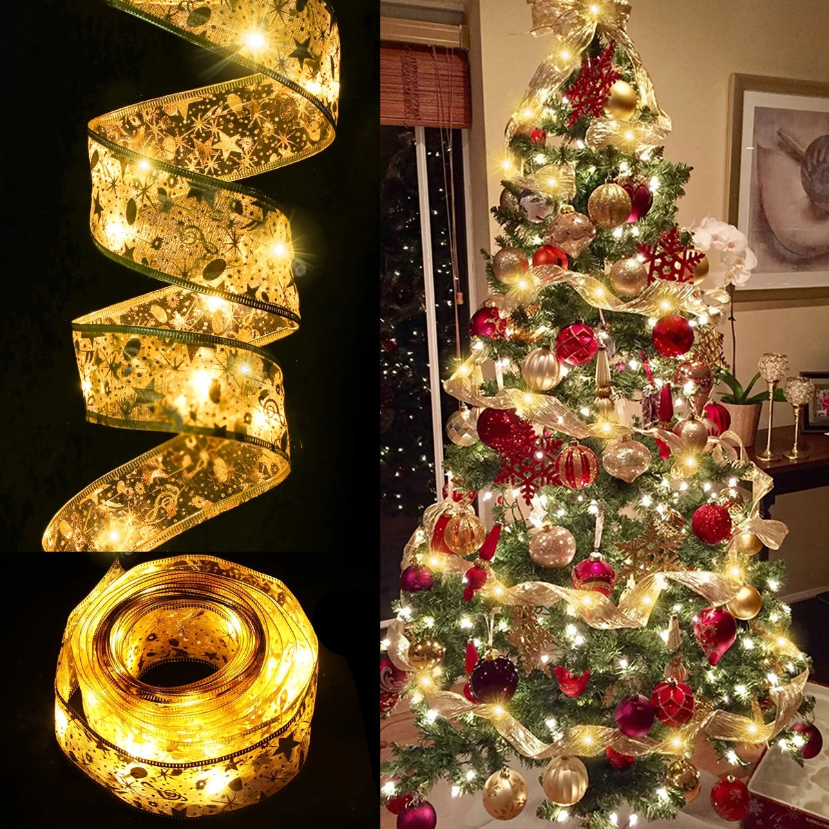 Christmas Ribbon Fairy Light String Merry Christmas Decorations For Home Cristmas Ornament Xmas Navidad Gifts New Year