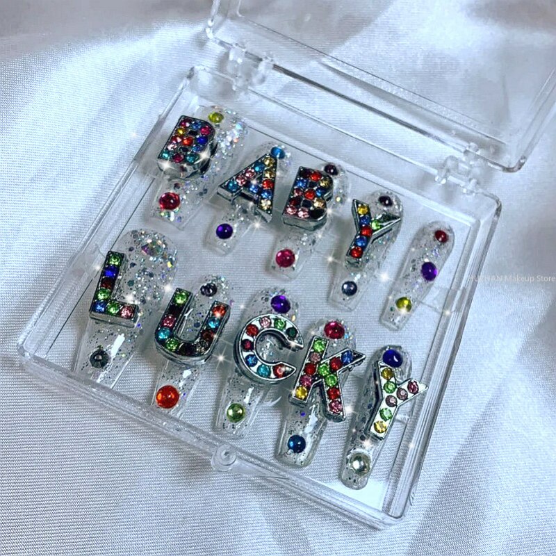 Glittery Rhinestone Press On Nails Y2K Handmade Long Coffin False Nail Set Reusable Fake Nail With Glue Tips Gift