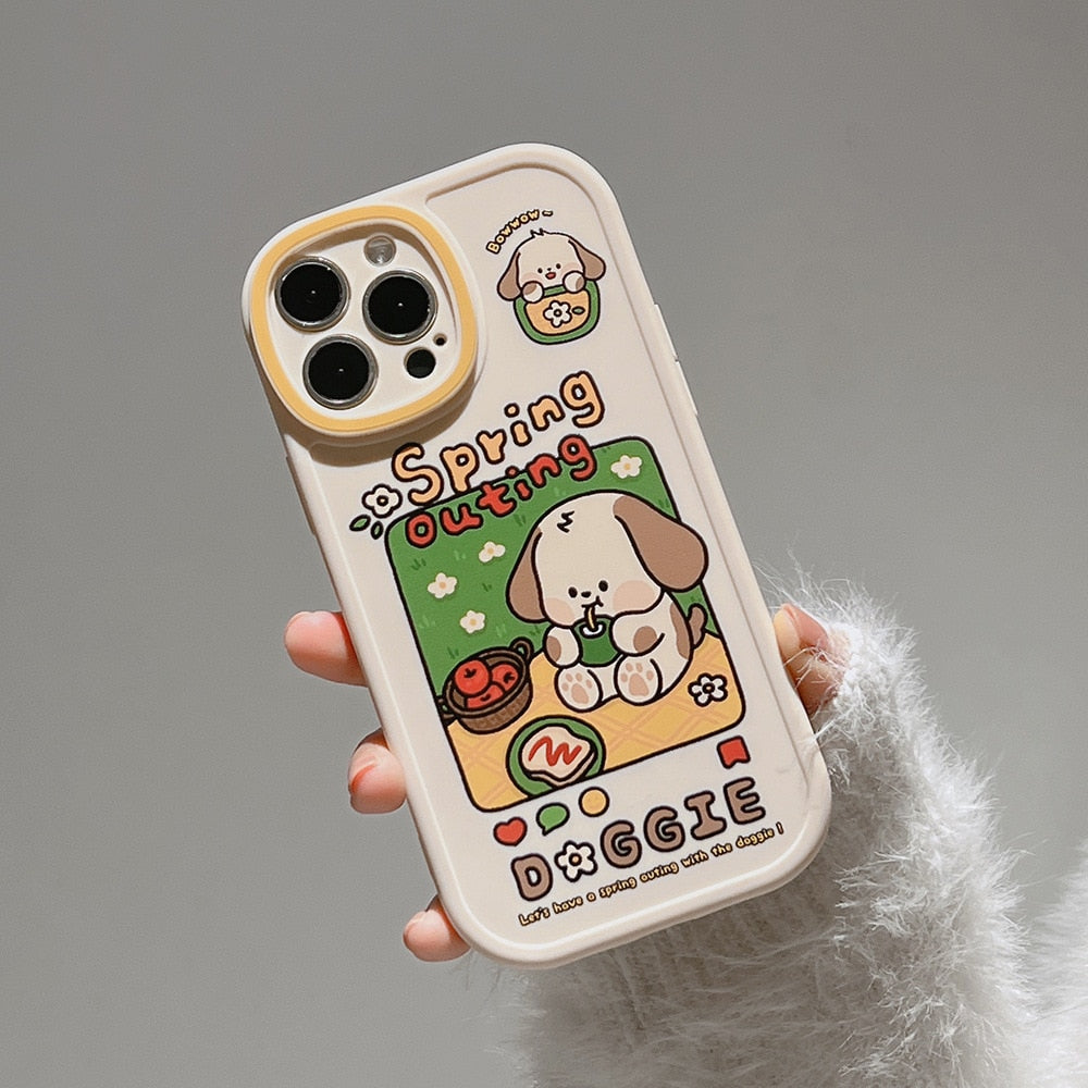 Retro spring picnic puppy dog art Kawaii Phone Case For iPhone 14 13 11 12 Pro Max 14 Plus XR Xs Max X 7 8 Plus Case Cute Cover