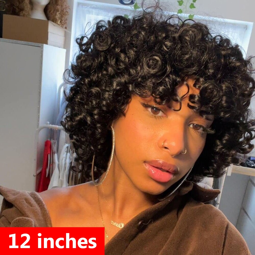 Afro Rose Curly Funmi Wigs with Bang Short Bouncy Curly Bob Wig With Bang Rose Curly Machine Made Human Hair Wig For Black Women