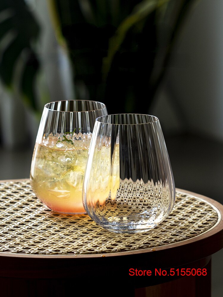 Nordic Style Prism Stemless Wine Glass Light Luxury Stripe Cold Drink Cup Big Belly Cocktail Mixing Wine Glass Fruit Tea Tumbler