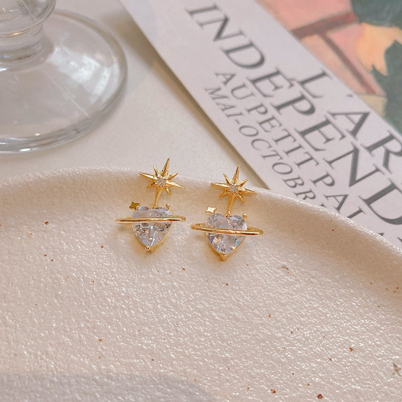 Korean Shine Six-manifold Star Earrings Women French Retro Planet Simple Design Versatile Temperament Stud Earrings Jewelry