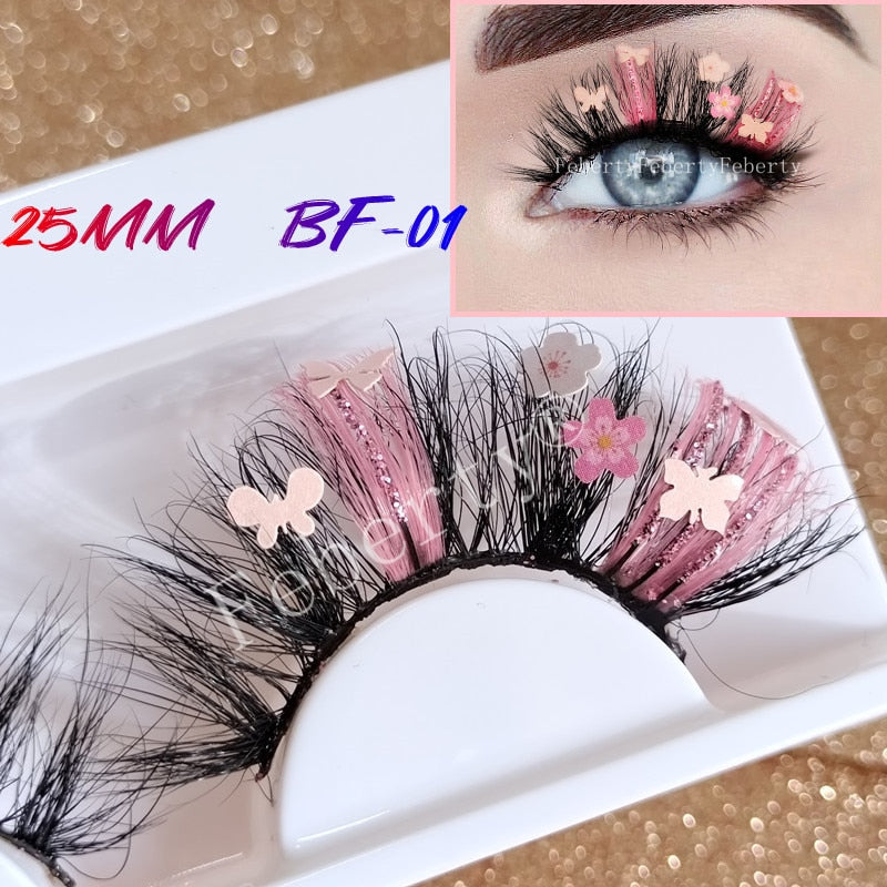 Fluffy lashes 25mm glitter Mink Lashes With Butterfly flowers yellow Pink Green Colorful Lashes Glitter False Eyelashes