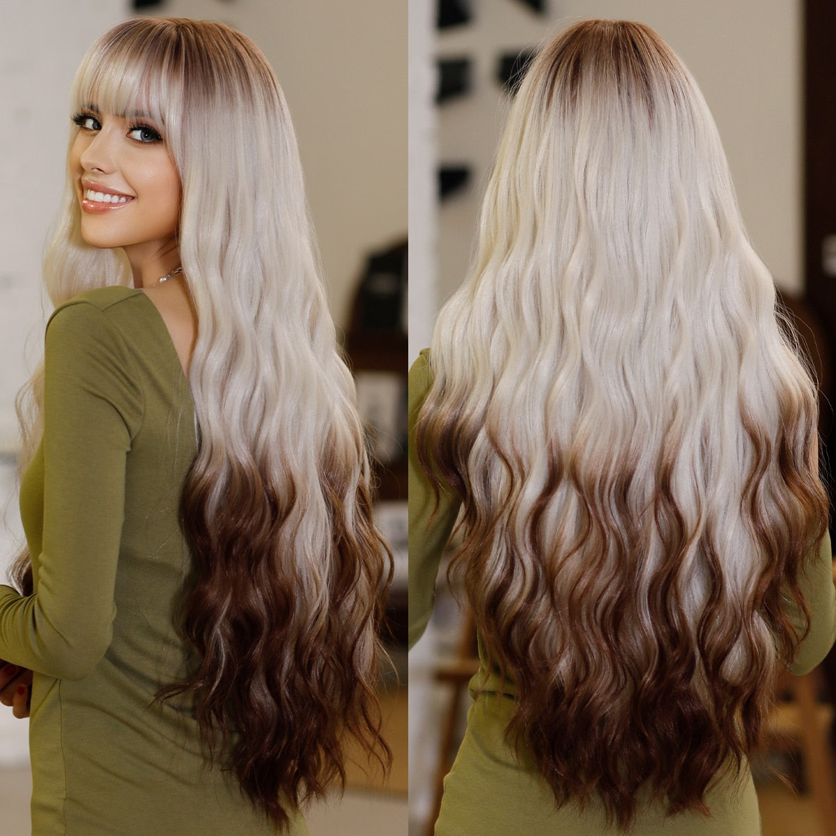 Bright Orange Long Wavy Women Wig Natural Synthetic Wigs with Bangs for Black Women Daily Party Cosplay Heat Resistant