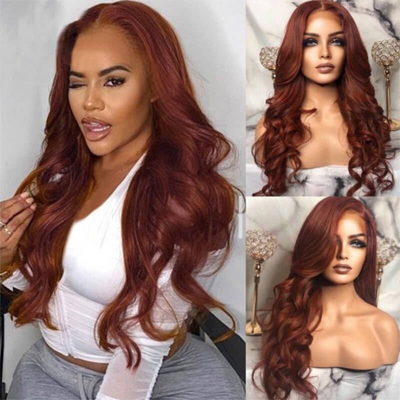 Reddish Brown Synthetic Lace Front WigT Part 13X4 Wig Body Wave Copper Red Brown Wavy Wigs For Women Pre Plucked With Baby Hair