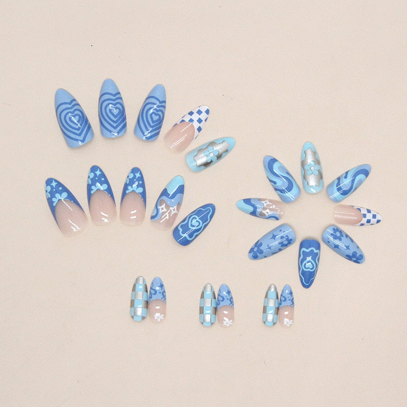 24pcs Girlish Colorful Graffiti Nail Art Fake Nails With Plants Flowers Patterns Short Press on False Nails With Wearing Tools