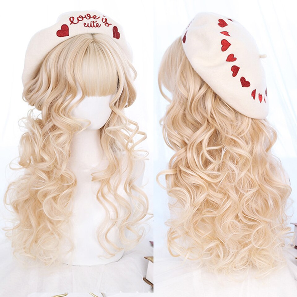 synthesis Long wavy curly girl blonde gradient pink Lolita cosplay curly bangs party wig