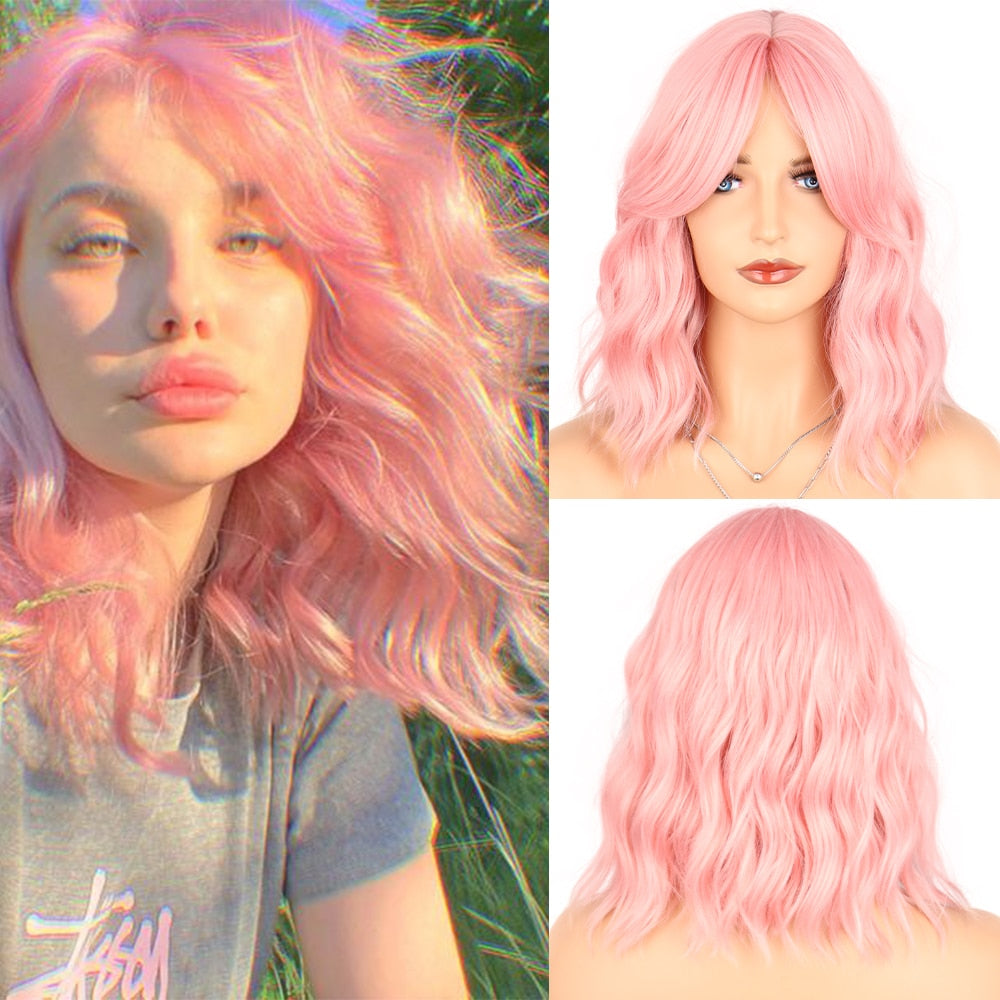 Synthetic Wavy Bob Wigs 14Inch Cosplay Medium Wig With Bangs Natural Hairline Orange Purple Pink Blue Wigs For Women