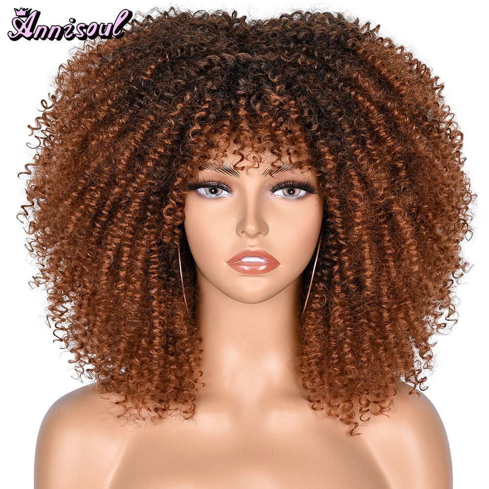 Short Afro Kinky Curly Wig With Bangs For Black Women Synthetic Natural Blonde Cosplay Wigs Glueless High Temperature Hair