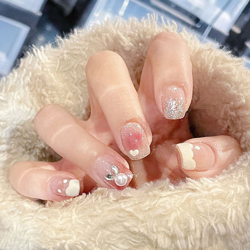 24pcs Wearable artificial nails burst broken drill glitter powder press on nails short french rhinestones fake nails with glue