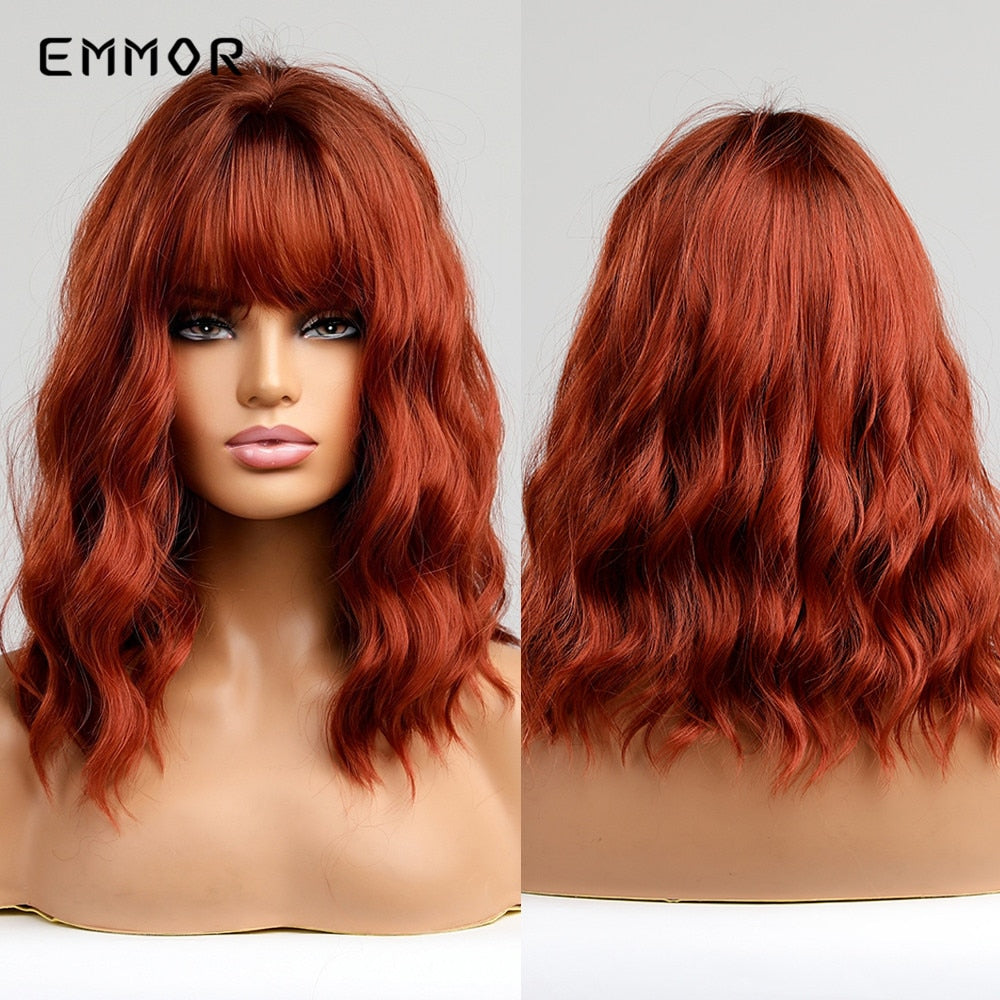 Synthetic Long Wavy Wigs with Bangs Cosplay Natural Ombre Brown to Ash Brown Hair for Women High Temperature Fiber Wig