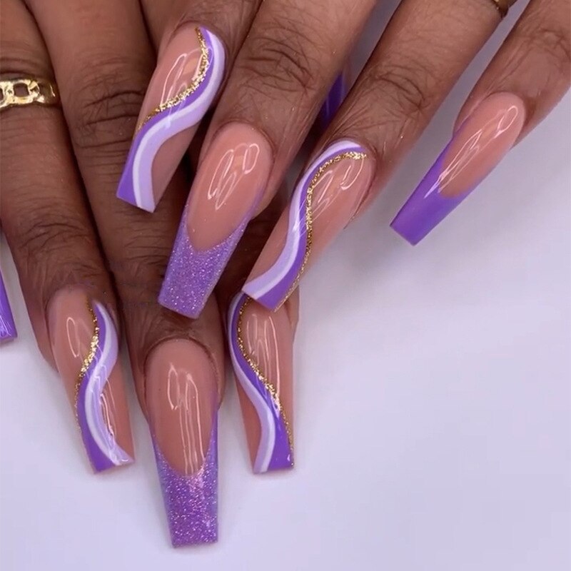 24Pcs Purple Butterfly French False Nails Long Ballerina with Rhinestones Wearable Fake Nails Glitter Press on Nails Tips Art