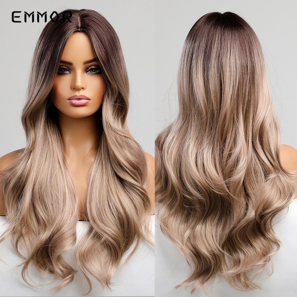 Synthetic Long Wavy Wigs with Bangs for Women Cosplay Natural Ombre Brown to Light Blonde Hair Wig High Temperature Fiber