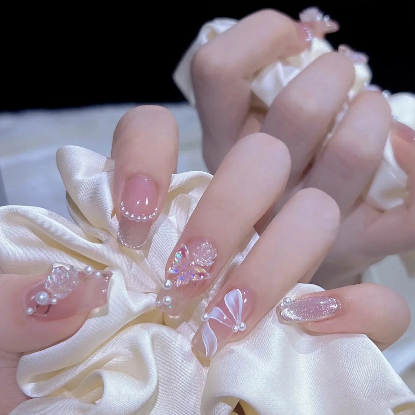Medium Length Fake Nails 3D Flower Pearl Designs Nude Pink Color Press on Nails Ballerina False Nails for Women DIY Manicure