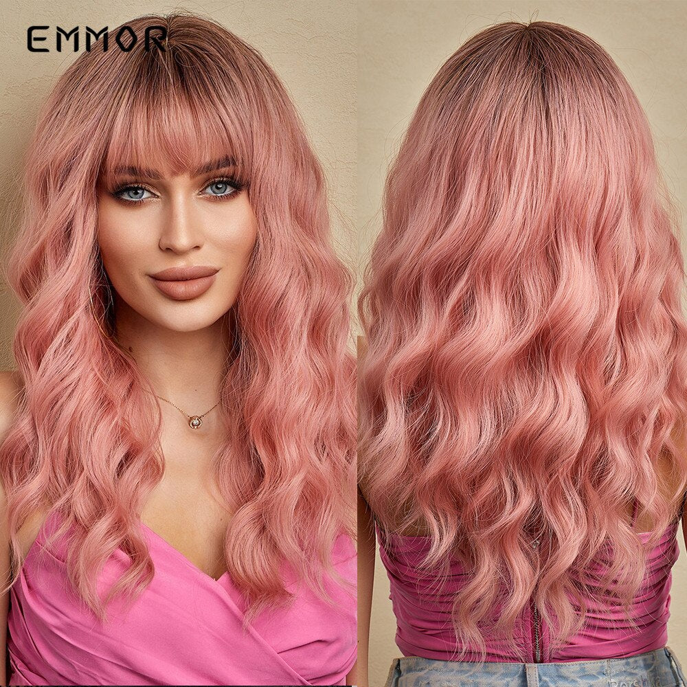 Synthetic Middle Dark Red with Bangs for Women Natural Long Water Wavy Cosplay Hairstyle Heat Resistant Fiber Hair Wigs