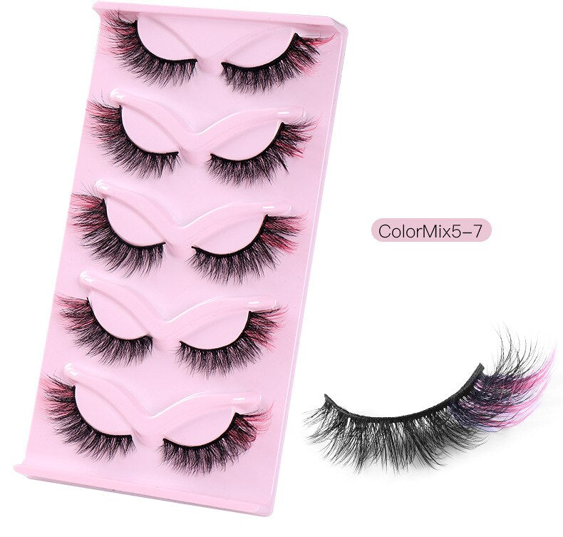 5Pairs Colored Eyelashes Fox Eye False Eyelashes 6D Cat Eye Eyelashes Naturally Thick False Eyelashes Colored Mink Lashes