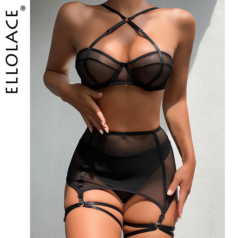 Sensual Woman Lingerie Exotic Bandage Garter With Stockings Transparent Bra Intimate Hard 3-Piece Black Fancy Underwear
