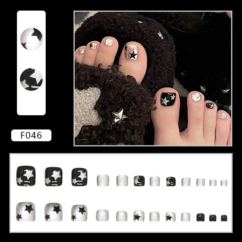 24pcs Pure French Diamond Sparkling toe fake nails with designs y2k Wearable Foot false nails full cover False Nail Art Pieces