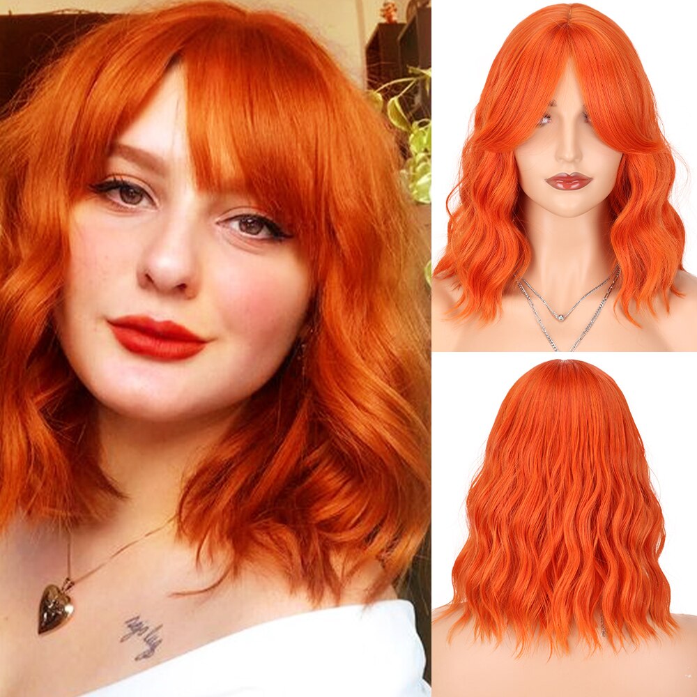 Synthetic Wavy Bob Wigs 14Inch Cosplay Medium Wig With Bangs Natural Hairline Orange Purple Pink Blue Wigs For Women