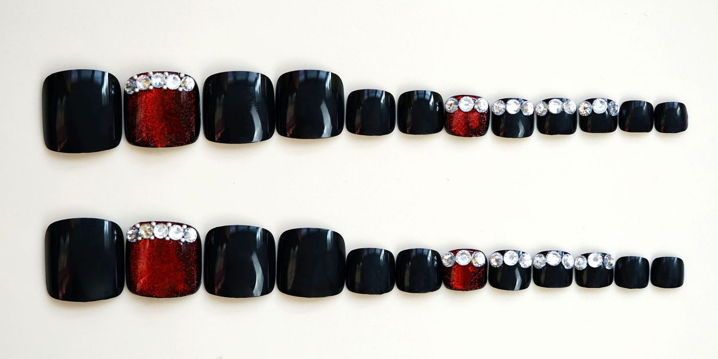 24pcs Black Red Cat Eye Toenails Handmade False Nails with glue Wearable press on toenails short toe nails tips