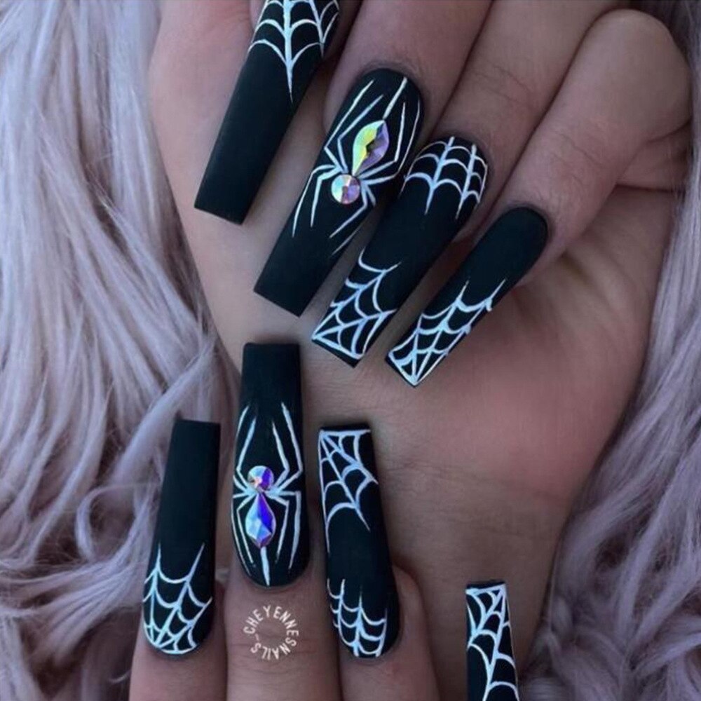 24Pcs Spice Girl Spider Animation False Nails Halloween with Glue French Design Wearable Fake Nails Magic Press on Nails Tips