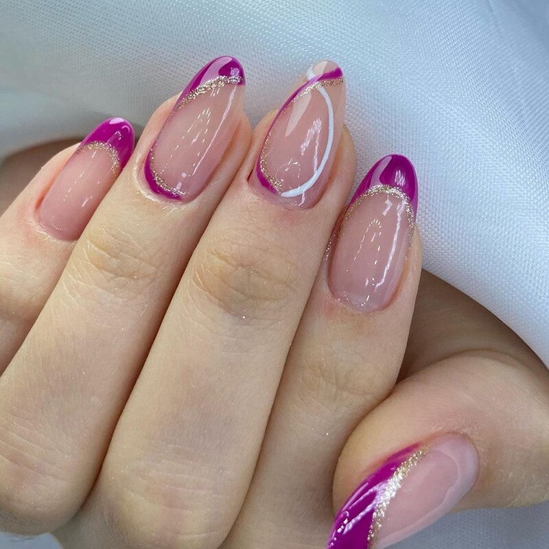 24pcs French natural fake nails with white edge full cover nude nail tips press on nails short almond artificial nails with glue