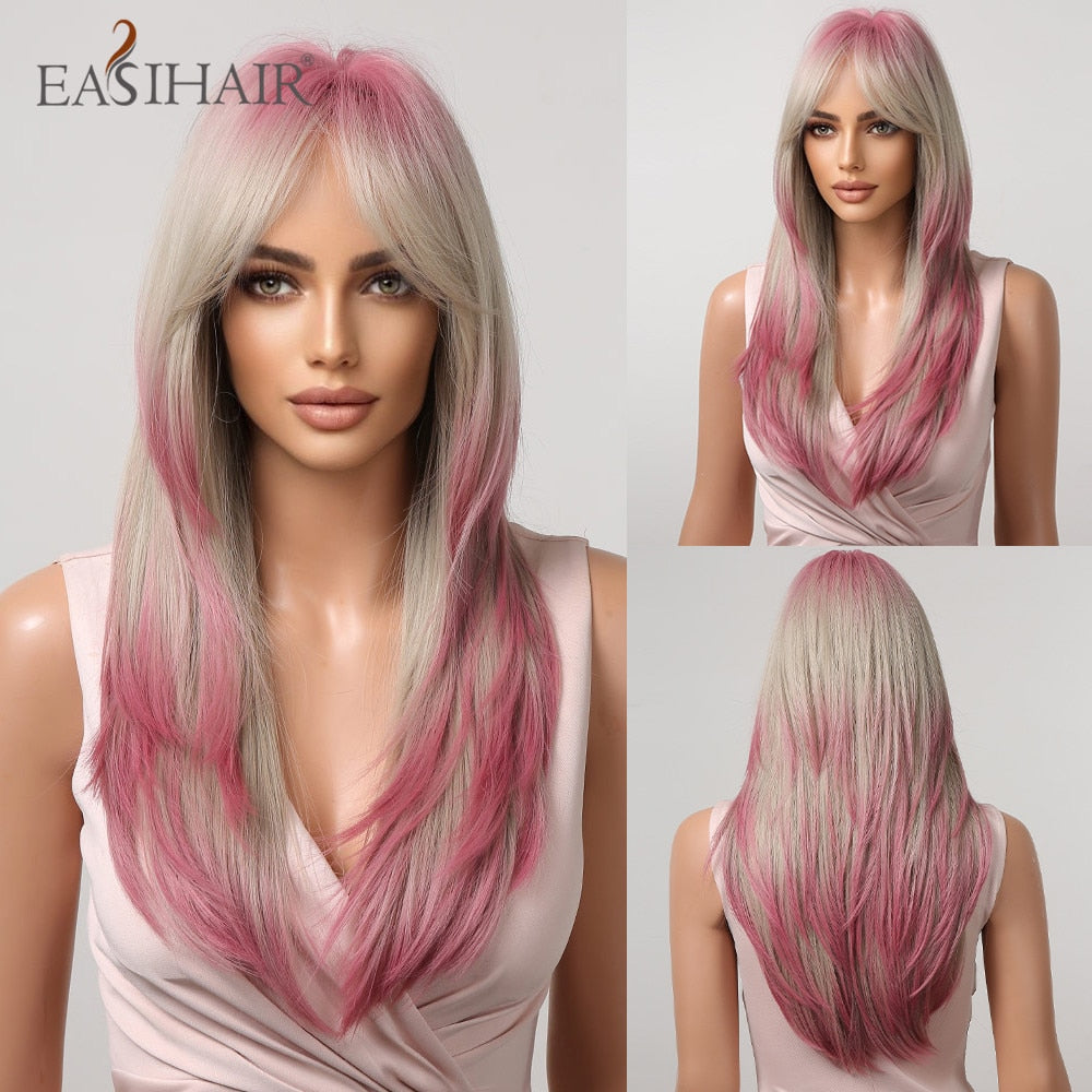 Long Straight Bangs Wigs Natural Ombre Dark Brown Synthetic Hair Wig for Women Daily Cosplay Party Heat Resistant Fiber
