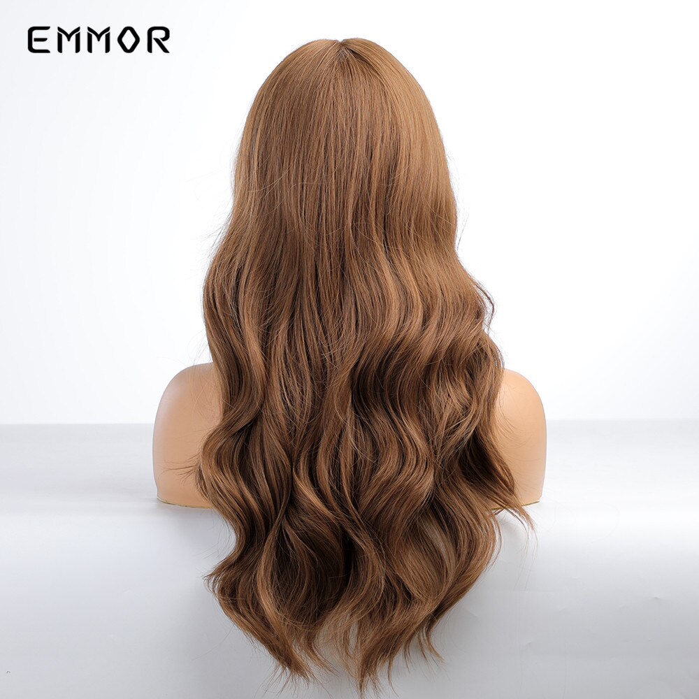 Synthetic Long Wavy Wigs with Bangs Cosplay Natural Ombre Brown to Dark Blonde Hair for Women High Temperature Fiber Wig