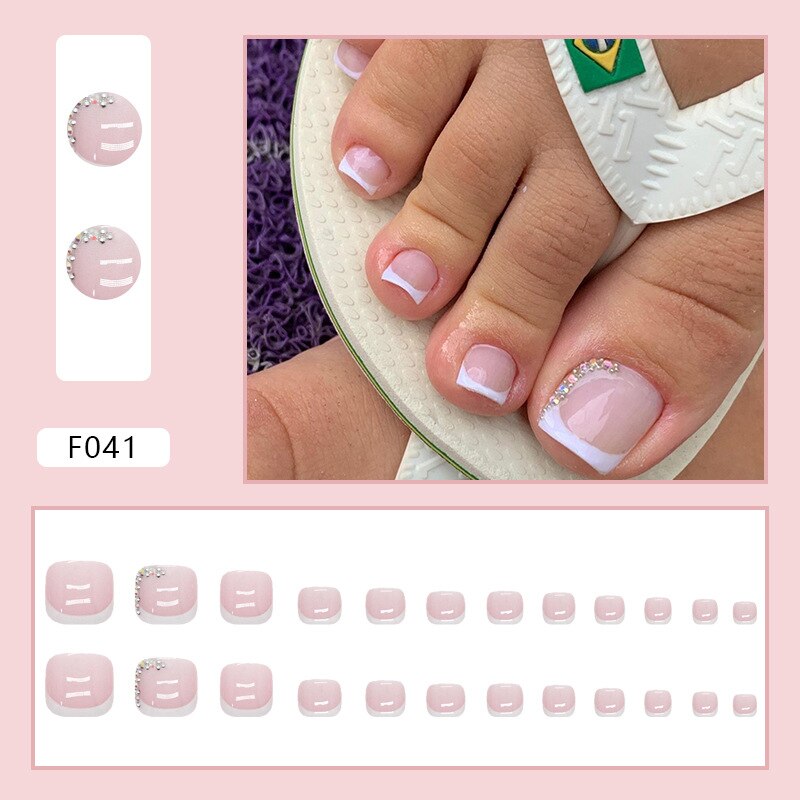 24pcs Pure French Diamond Sparkling toe fake nails with designs y2k Wearable Foot false nails full cover False Nail Art Pieces