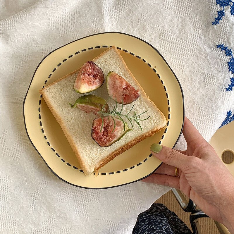 Japanese Cream Cartoon Ceramic Tableware Set Irregular Rice Bowl Soup Ceramic Plate Household Dish Stripe