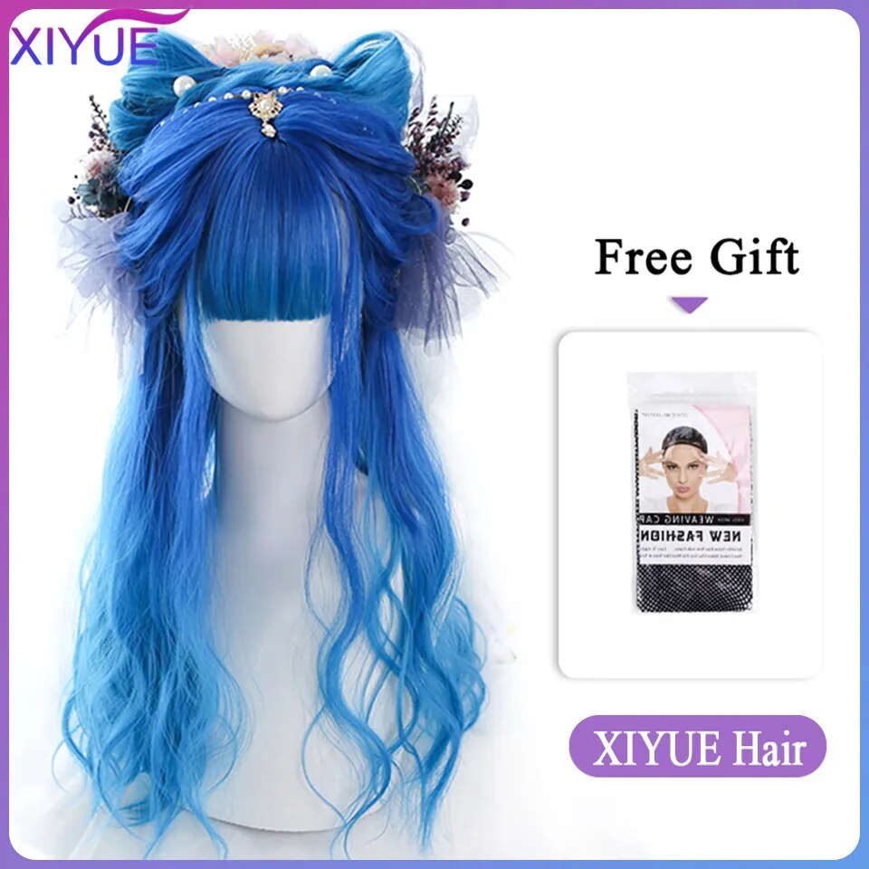Blue Pink Lolita Wigs Ombre Long Water Wave Cosplay Wigs Synthetic Hair Wigs Heat Resistant For Women
