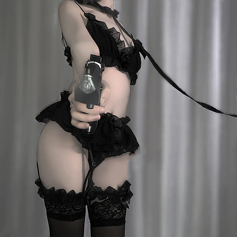 Japanese Lolita Anime Cosplay Costumes Women Sexy Lingerie Set Cute Ruffles Lace Kawaii Babydoll Soft Girl Black Pajamas