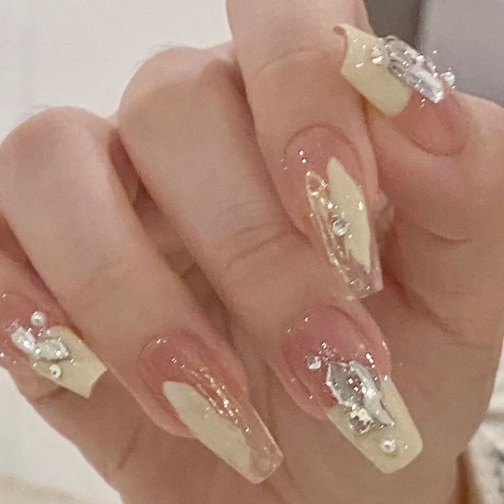 24pcs Long Ballerina French Crystal Aurora Gradient Fake Nails Glitter False Nails Full Cover Press on Nails DIY Detachable