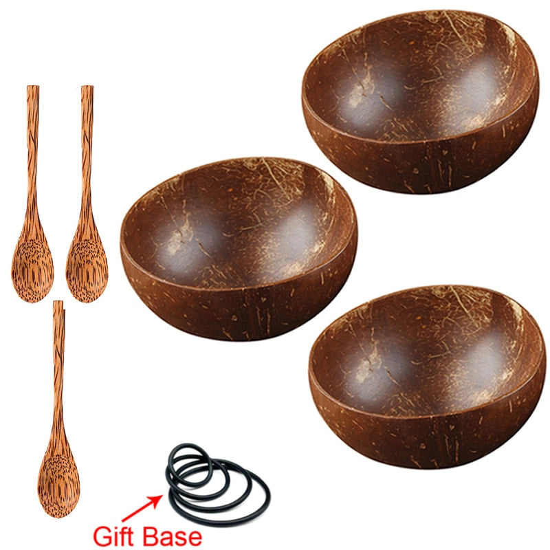 12-15cm Natural Coconut Bowl set wooden Salad Ramen bowl Coconut Wood Spoon Set coco smoothie Kitchen tableware Coconut bowl