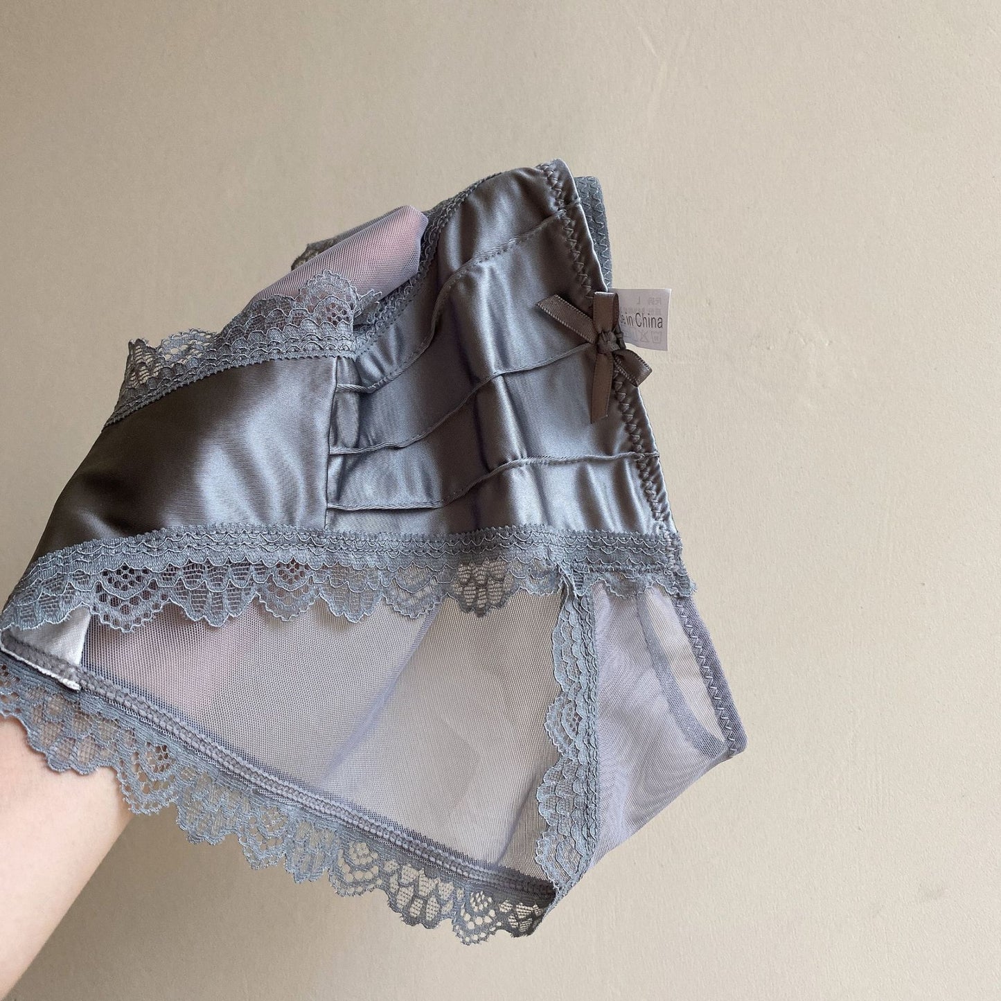 Vintage Satin Panties Soild Color Breathable Underwear Women French Sexy Lace Bow Lingerie Female Mid-waist Thin Mesh Briefs
