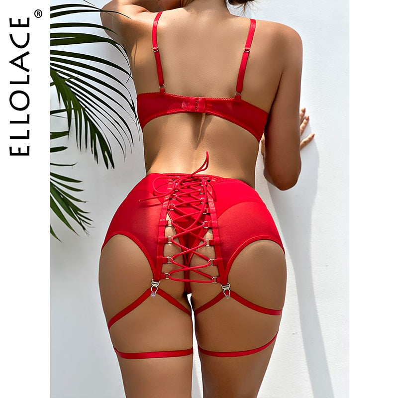 Sensual Woman Lingerie Exotic Bandage Garter With Stockings Transparent Bra Intimate Hard 3-Piece Black Fancy Underwear