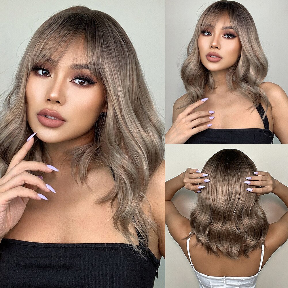 Blobde Ombre Short Bob Synthetic Wavy Wig with Bangs Shoulder Length Wigs for Women Natural Cosplay Hair Heat Resistant