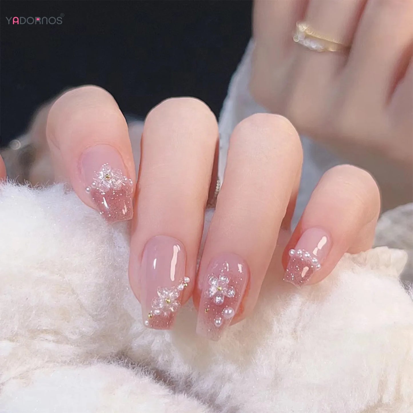Medium Length Fake Nails 3D Flower Pearl Designs Nude Pink Color Press on Nails Ballerina False Nails for Women DIY Manicure