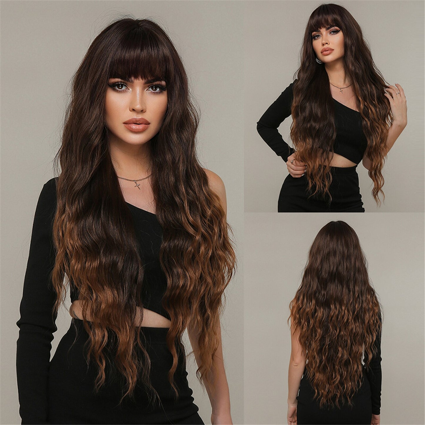 Dark Brown Synthetic Wigs with Bangs Long Wavy Golden Highlights Women's Wig Daily Cosplay Party Natural Hair Heat Resistant