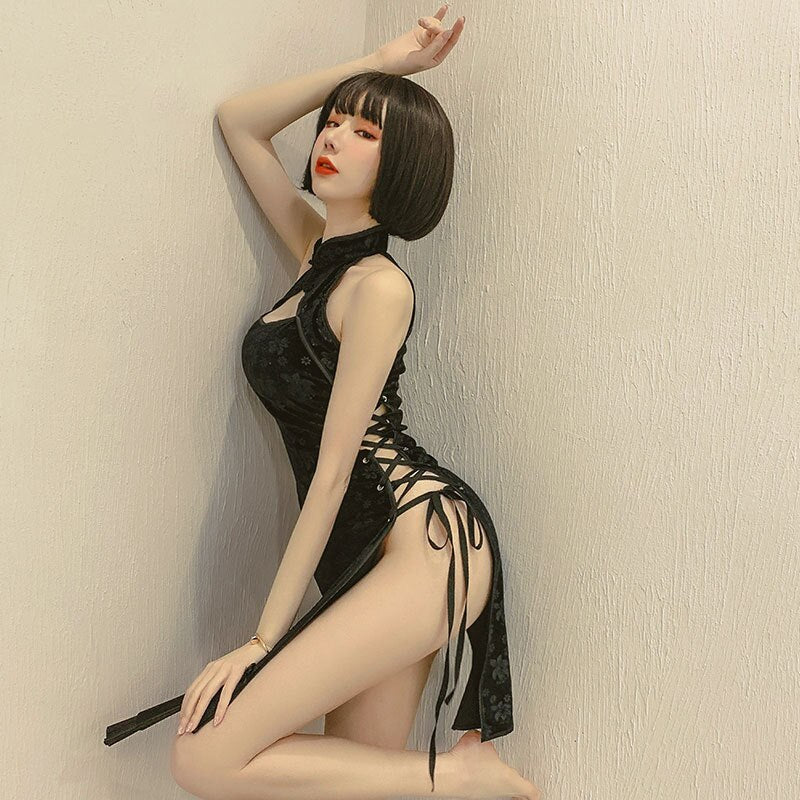 Chinese Retro Cheongsam Dress Uniform Women Sexy Lingerie Bandage Temptation High Side Slit Hollow Erotic Qipao