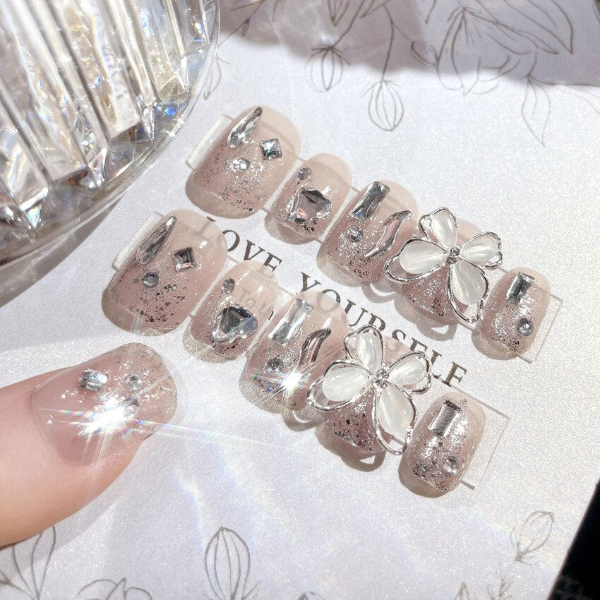 24pcs Wearable artificial nails burst broken drill glitter powder press on nails short french rhinestones fake nails with glue