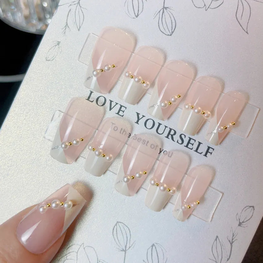 Medium Length Fake Nails 3D Flower Pearl Designs Nude Pink Color Press on Nails Ballerina False Nails for Women DIY Manicure