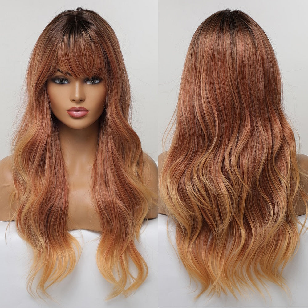 Synthetic Long Wavy Wigs with Bangs for Women Cosplay Natural Ombre Brown to Light Blonde Hair Wig High Temperature Fiber