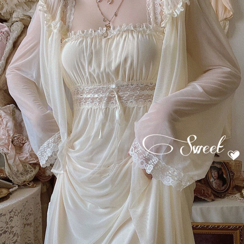 2pcs Nightgown Women Lace Mesh Princess Nightdress Vintage Retro Lady French Royal Court Style Summer Pajama Nightwear Sleepwear