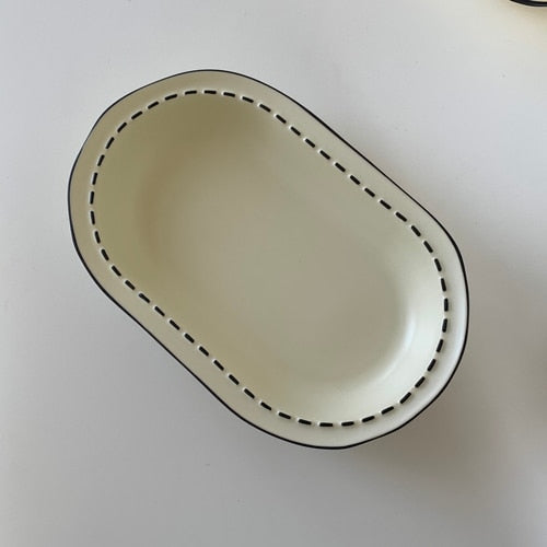 Japanese Cream Cartoon Ceramic Tableware Set Irregular Rice Bowl Soup Ceramic Plate Household Dish Stripe