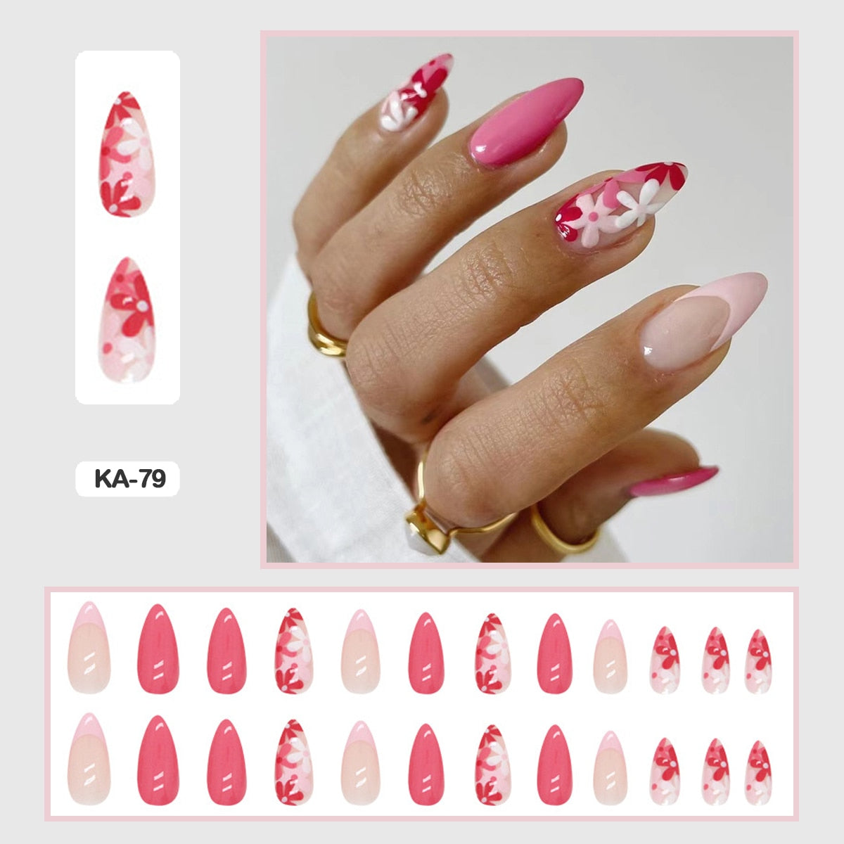 24pcs Girlish Colorful Graffiti Nail Art Fake Nails With Plants Flowers Patterns Short Press on False Nails With Wearing Tools